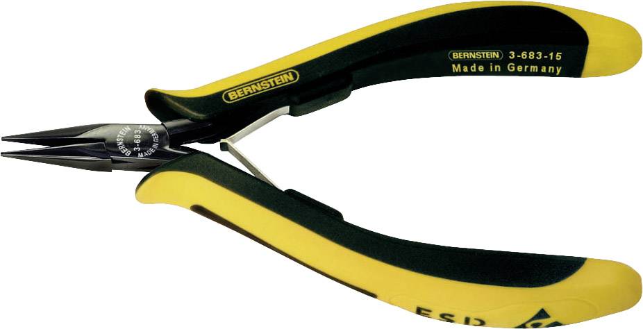 A yellow and black Bernstein pliers with a narrow, pointed head. Inscription: 'Made in Germany'.