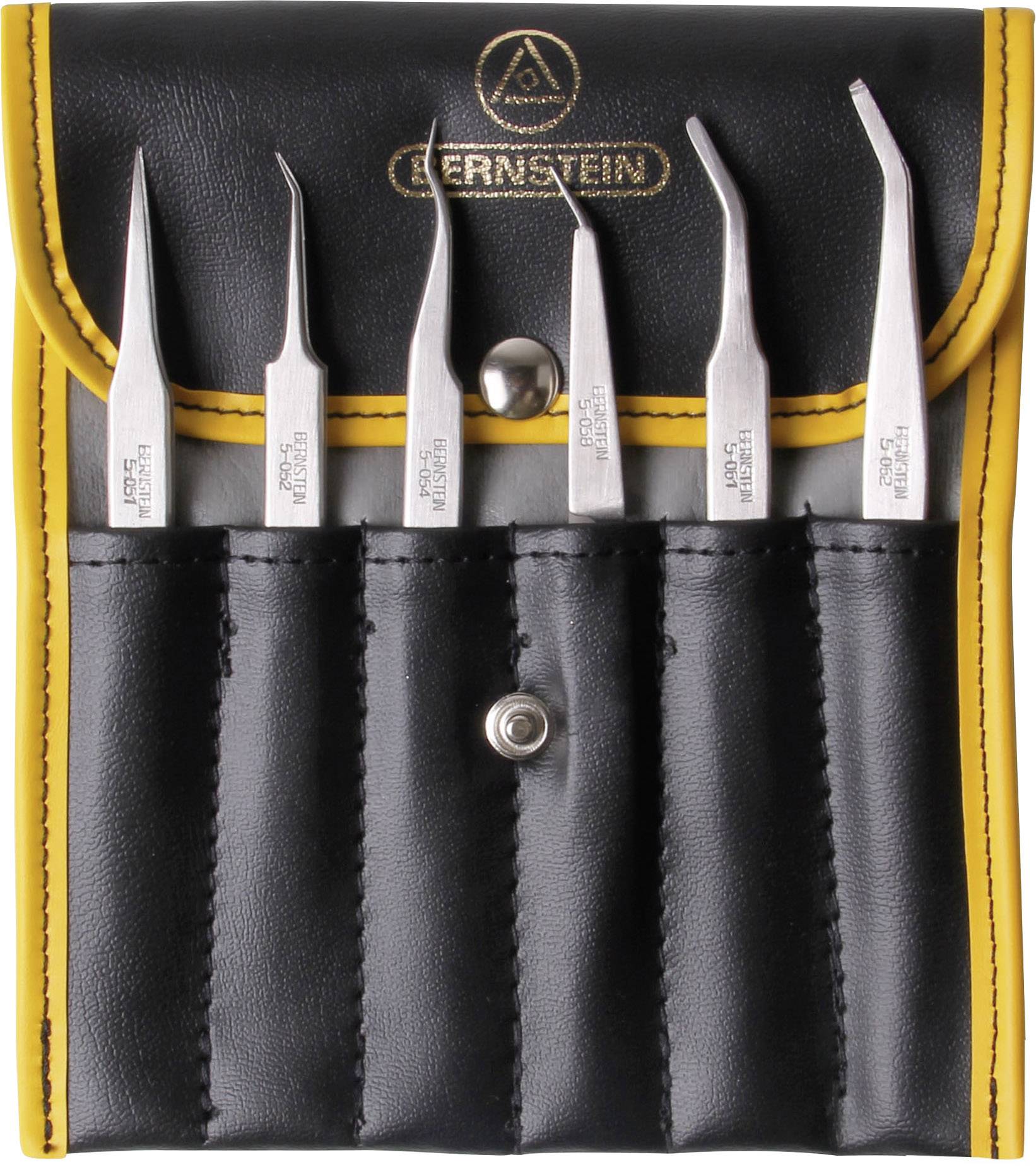A case containing six precision metal tweezers in a black and yellow holder, suitable for delicate work.