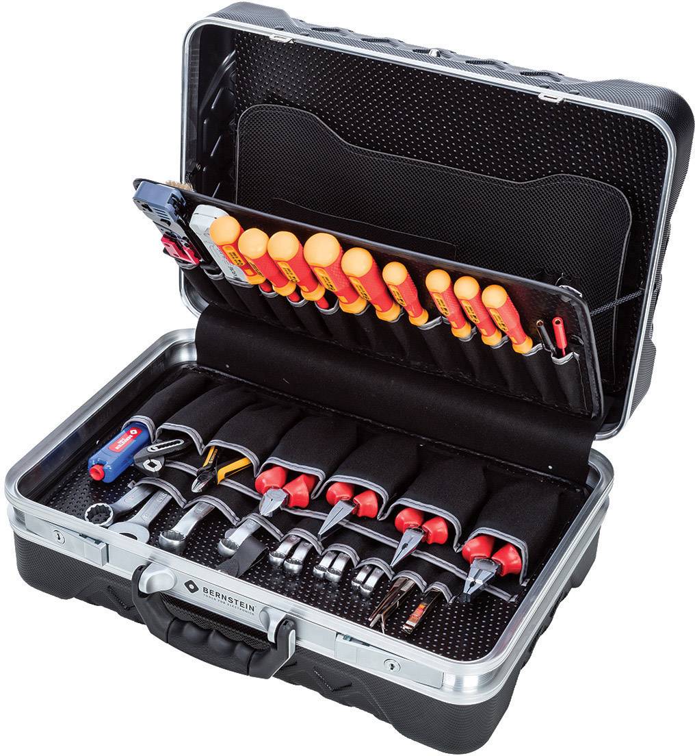 An open suitcase displays a set of professional screwdrivers, pliers, and tools, neatly arranged in compartments.