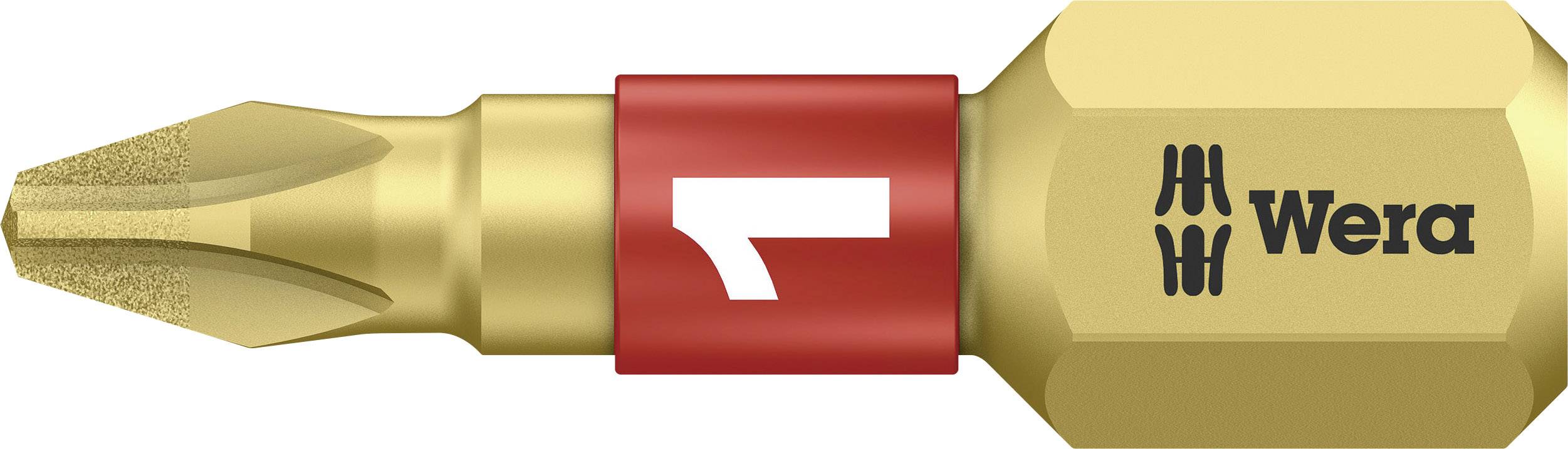 Gold-coloured Phillips screwdriver bit by Wera with a red ring, featuring the Wera logo and an indication of the turning direction.