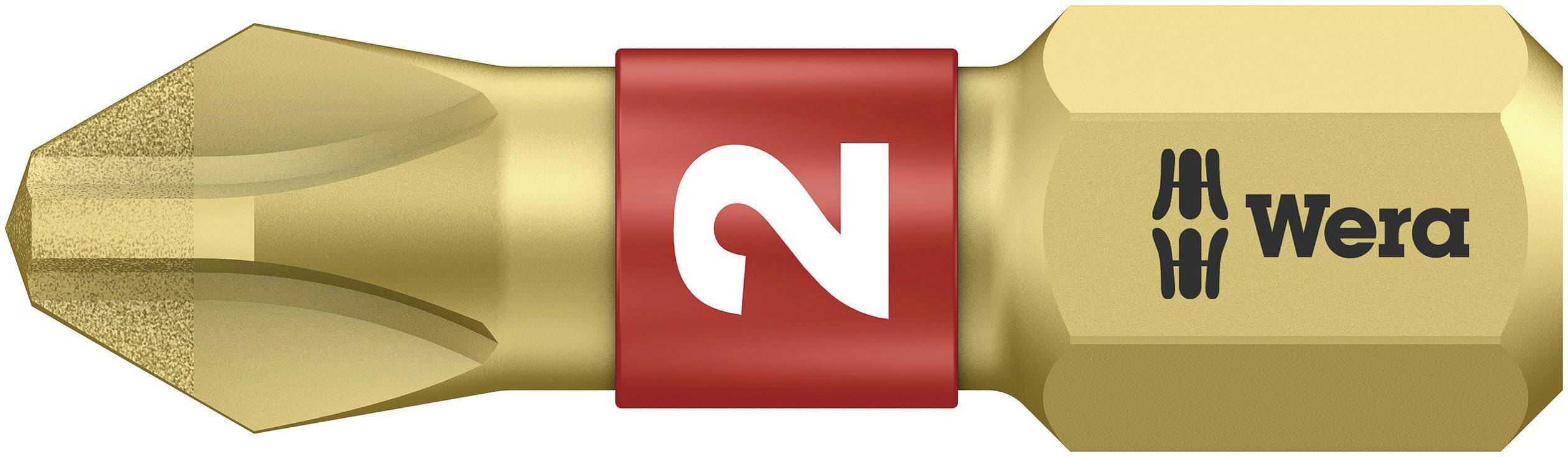 Wera screwdriver bit with red ring. Gold in colour, PZ2 format. Optimised for long service life and precise fit.