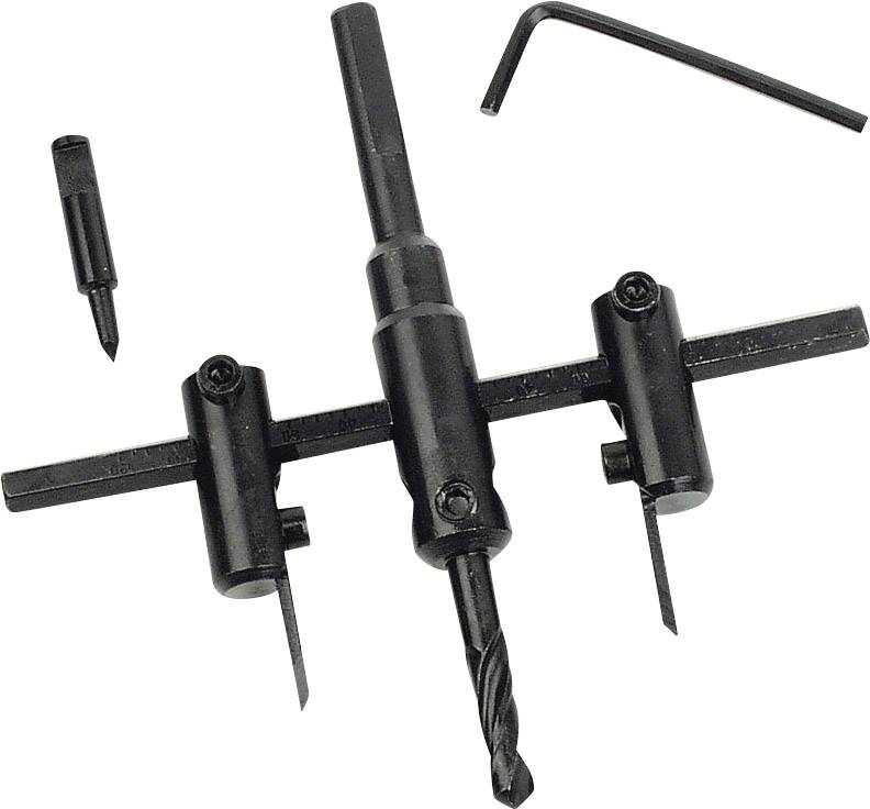 A hole punch set with an adjustable rotary cutter, drill, two blades and Allen key for precise drilling in wood.