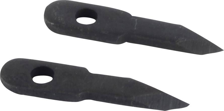 Two black, pointed metal blades with oval openings at one end, possibly as spare parts for a larger tool.