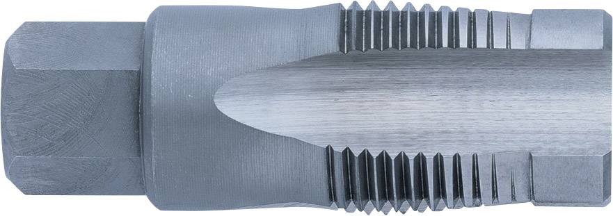 A silver-coloured machine tap with two rows of sharp, alternating cutting edges for thread cutting.