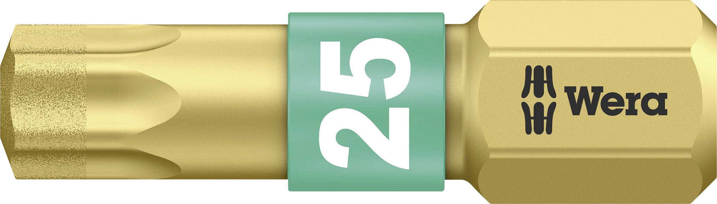A gold-coloured Wera screwdriver bit in size '25', marked in green.