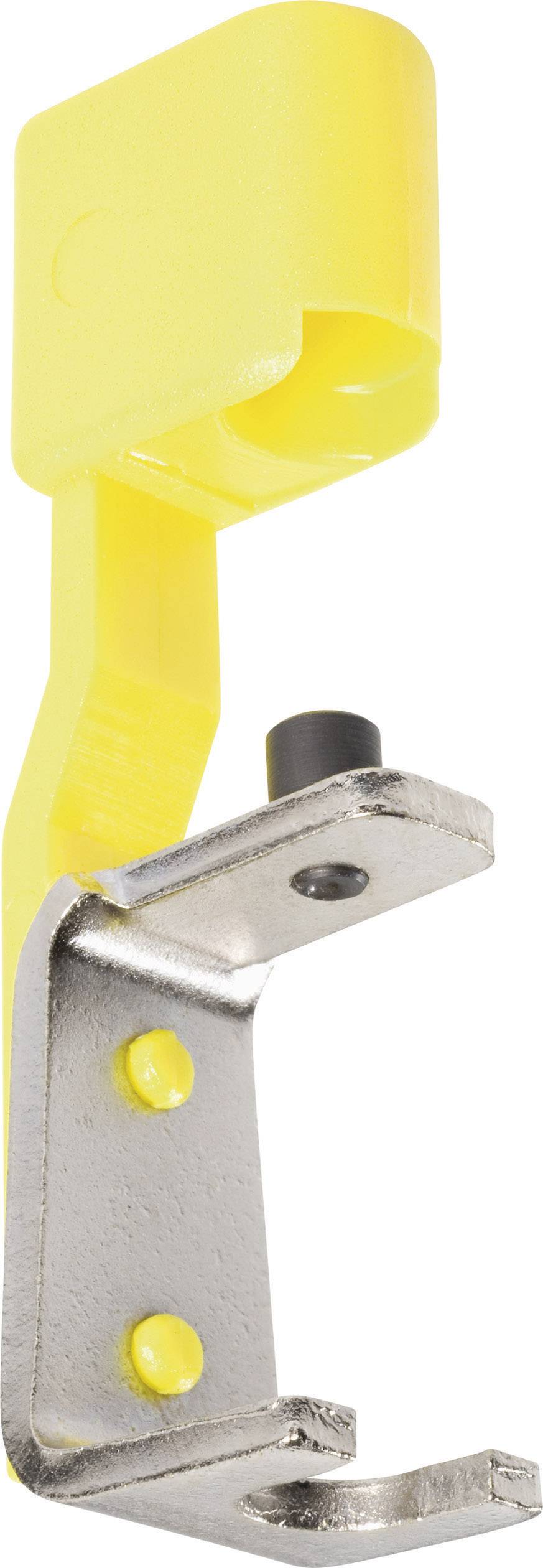 Ein gelber Kabelhalter mit einer Metallbasis. Der Halter hat eine gebogene Form, um Kabel zu sichern und ist für Montage geeignet.