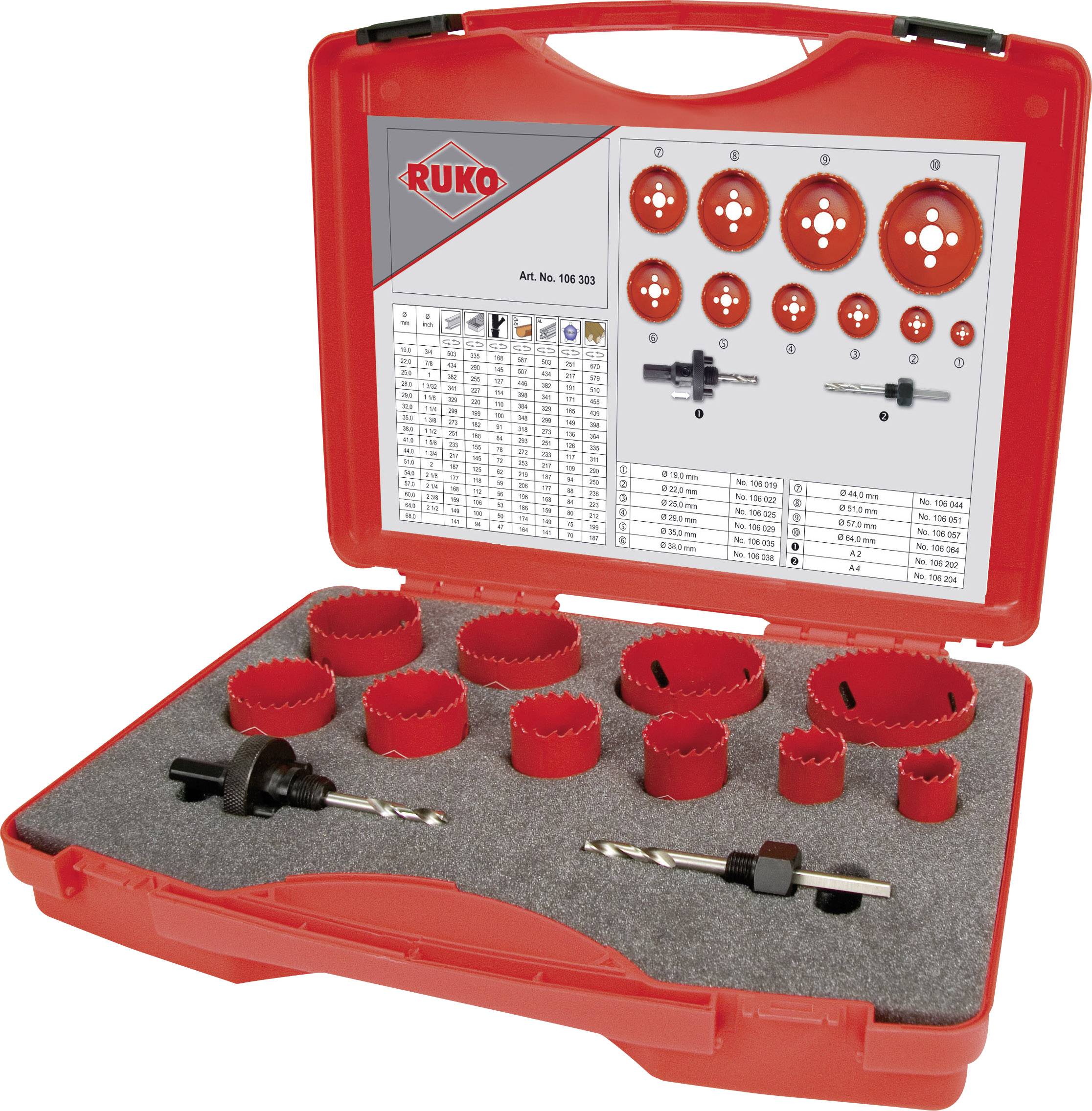 RUKO 106303 Hole saw set 12-piece 19 mm, 22 mm, 25 mm, 29 mm, 35 mm, 38 mm, 44 mm, 51 mm, 57 mm, 64 mm 1 Set