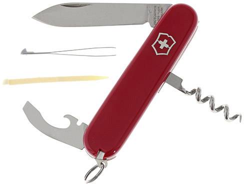 Red Swiss Army knife with folded blade, corkscrew, bottle opener, toothpick and tweezers, arranged to the side.