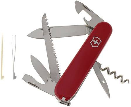Red Swiss Army knife with several unfolded tools, including a knife, saw, can opener, and corkscrew.