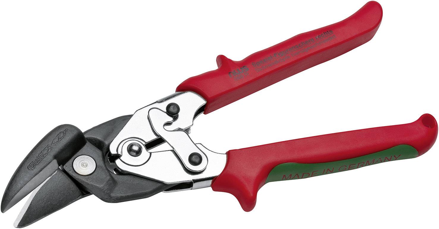 Red and black metal tin snips with ergonomic handles; suitable for cutting thin metal sheets.
