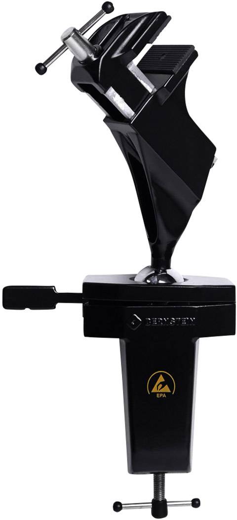 Metal vice with adjustable jaws and handles, mounted on a table. In black with logo in yellow and orange.