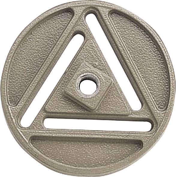 Circular metal object with a triangular recess in the centre and several slots.