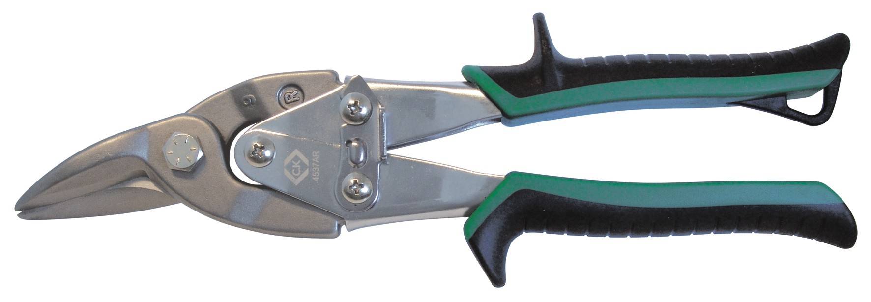 Metal shears with a green and black handle, suitable for cutting sheets and metals.