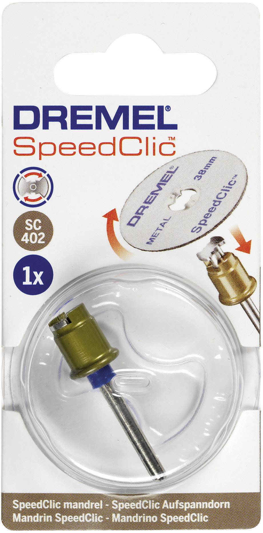 Dremel SpeedClic SC402 Mandrel Packaging with product image and technical details on a white background.