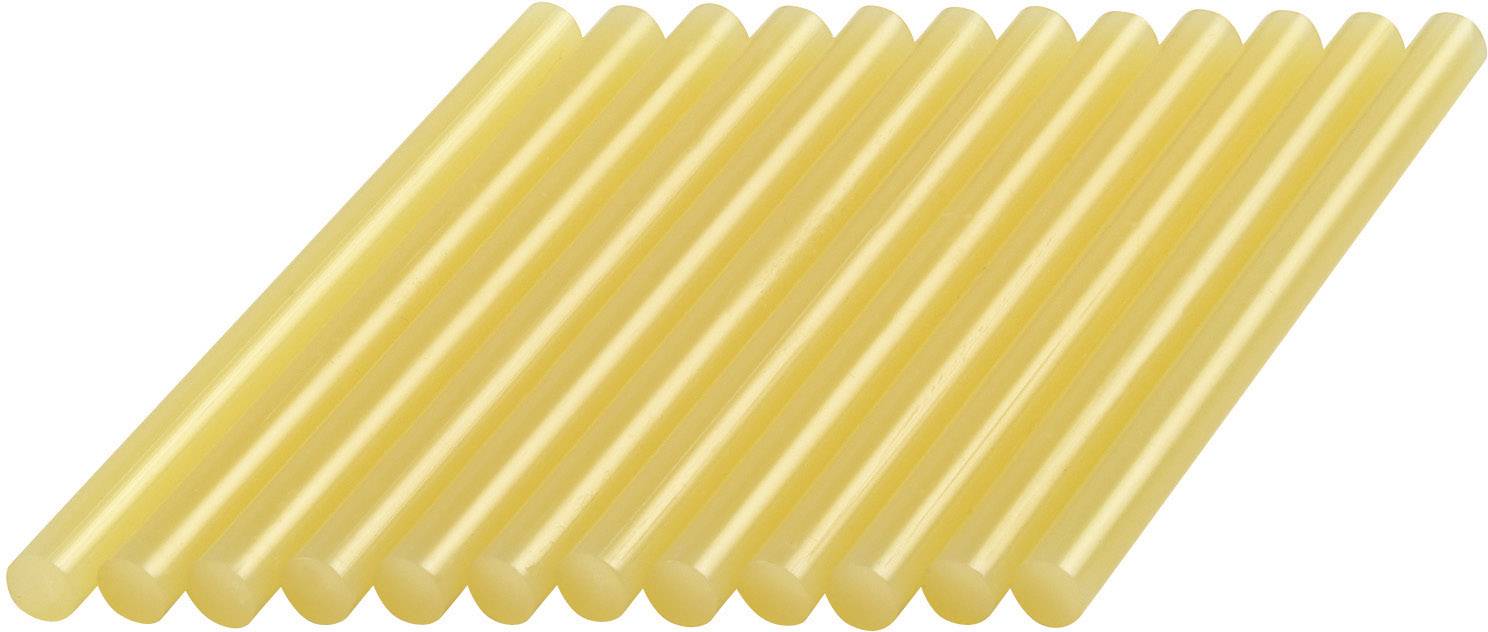 Several yellow hot glue cartridges are lying parallel to each other.