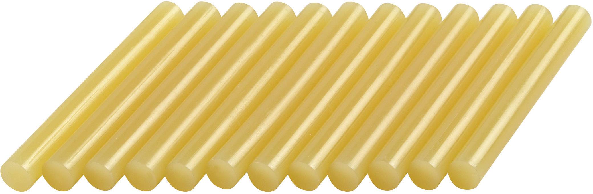 A row of yellow hot glue sticks, arranged in parallel.