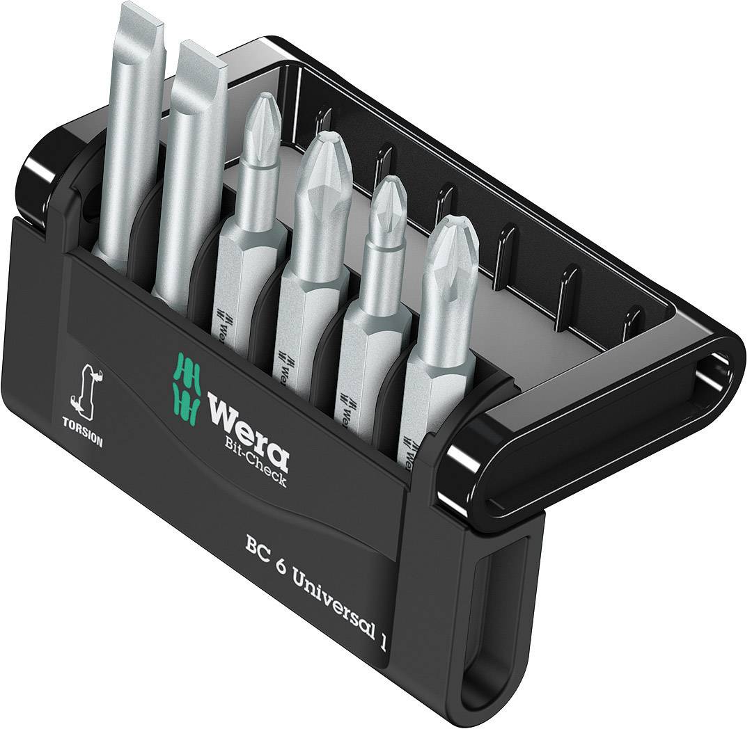The image shows a set of six screwdriver bits in a black holder. The holder is marked with the inscription 'Wera BC 6 Universal 1'.