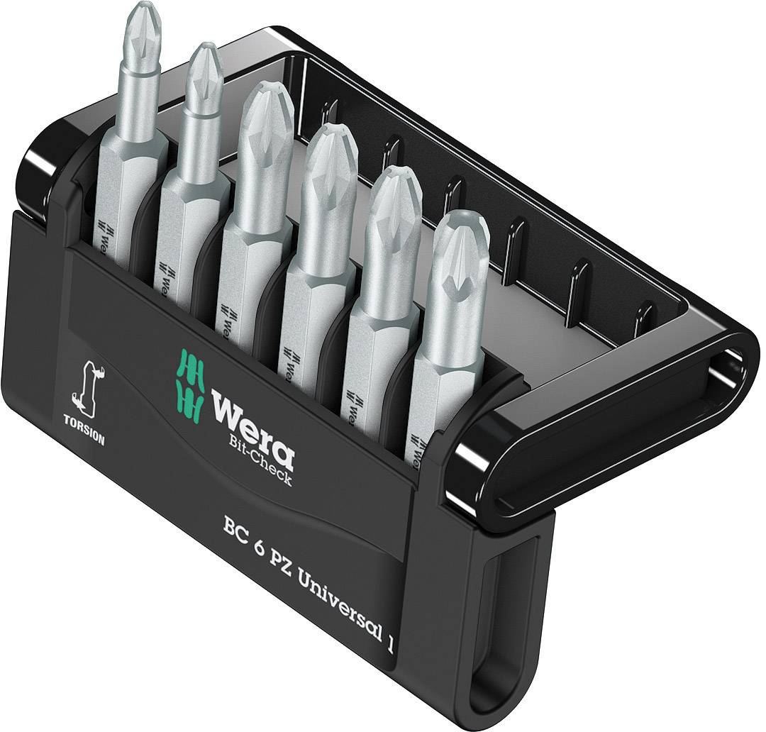 A black bit set with six silver screwdriver bits by Wera, arranged in a compact holder.