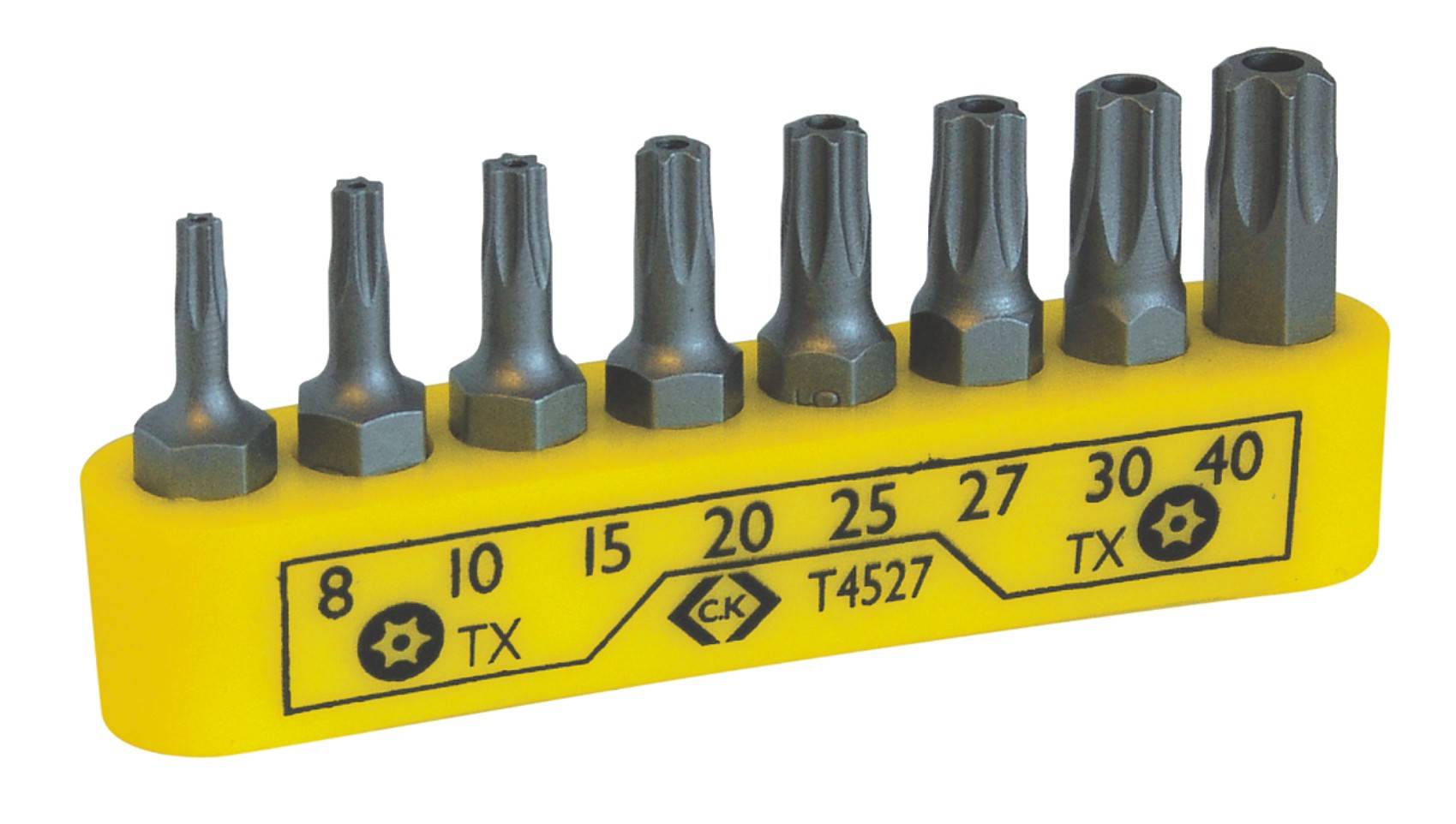 Satz von acht Torx-Bits auf gelber Halterung. Größen von links nach rechts: 8, 10, 15, 20, 25, 27, 30, 40. Modellnummer T4527.