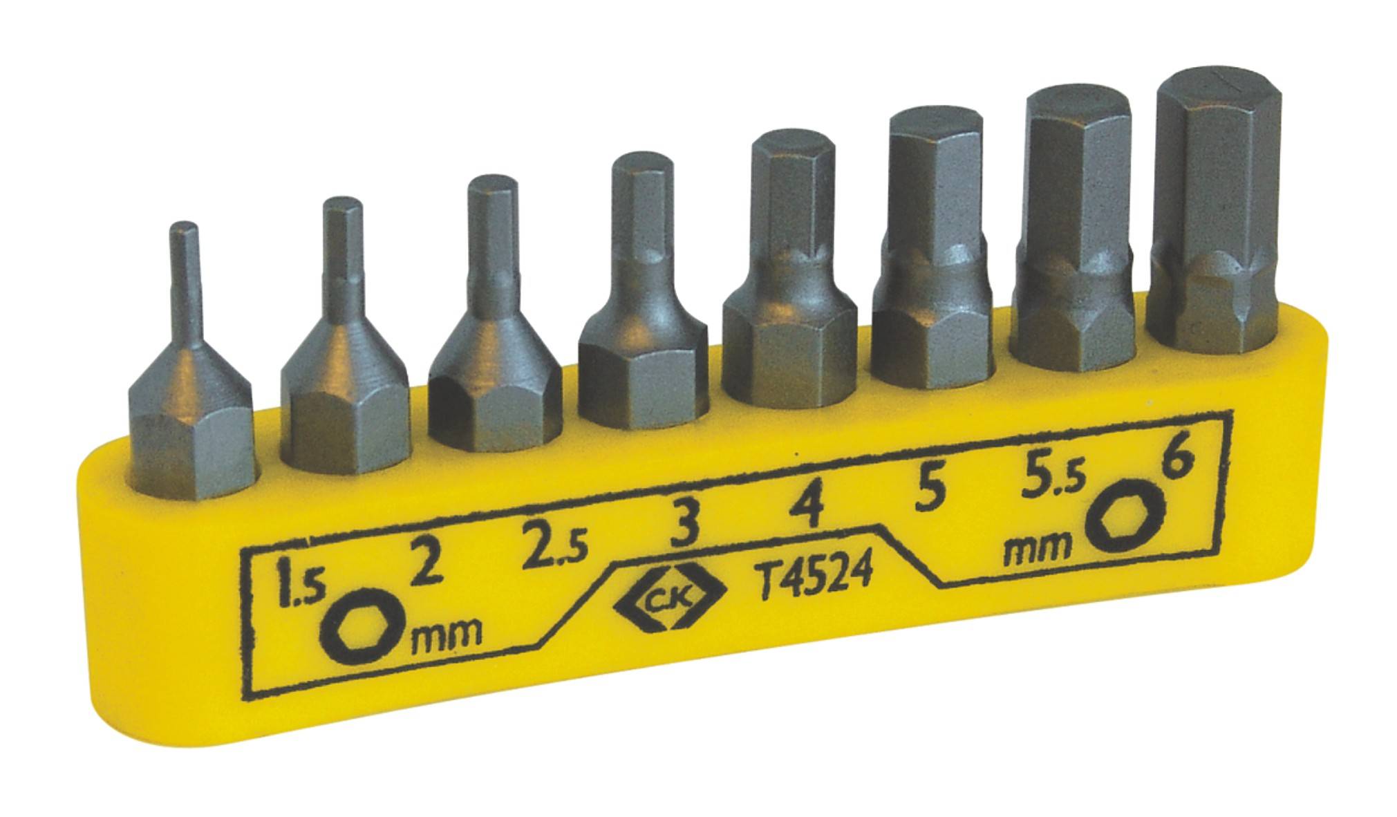 Bit set with eight different bit sizes, ranging from 1.5 mm to 6 mm, on a yellow holder.