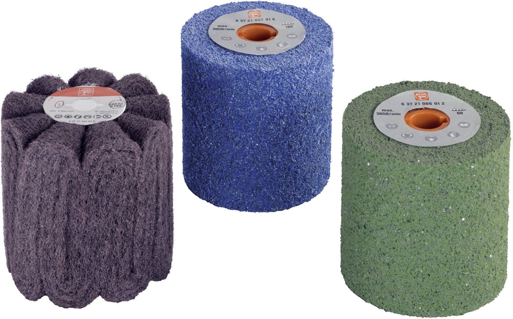 Three grinding rollers in different colours: a grey, wavy one; a blue, rough one; and a green one with a smooth surface.