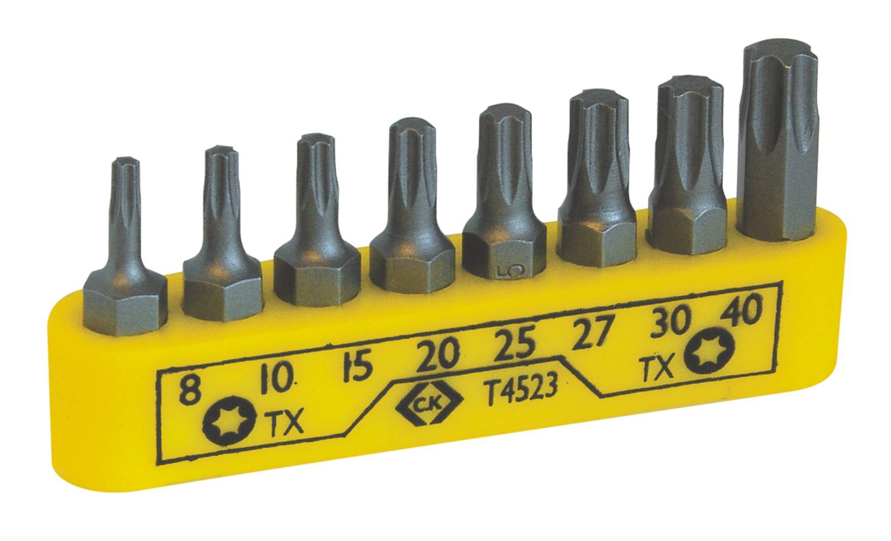 A set of eight Torx bits on a yellow holder, sizes TX8 to TX40, arranged from small to large.