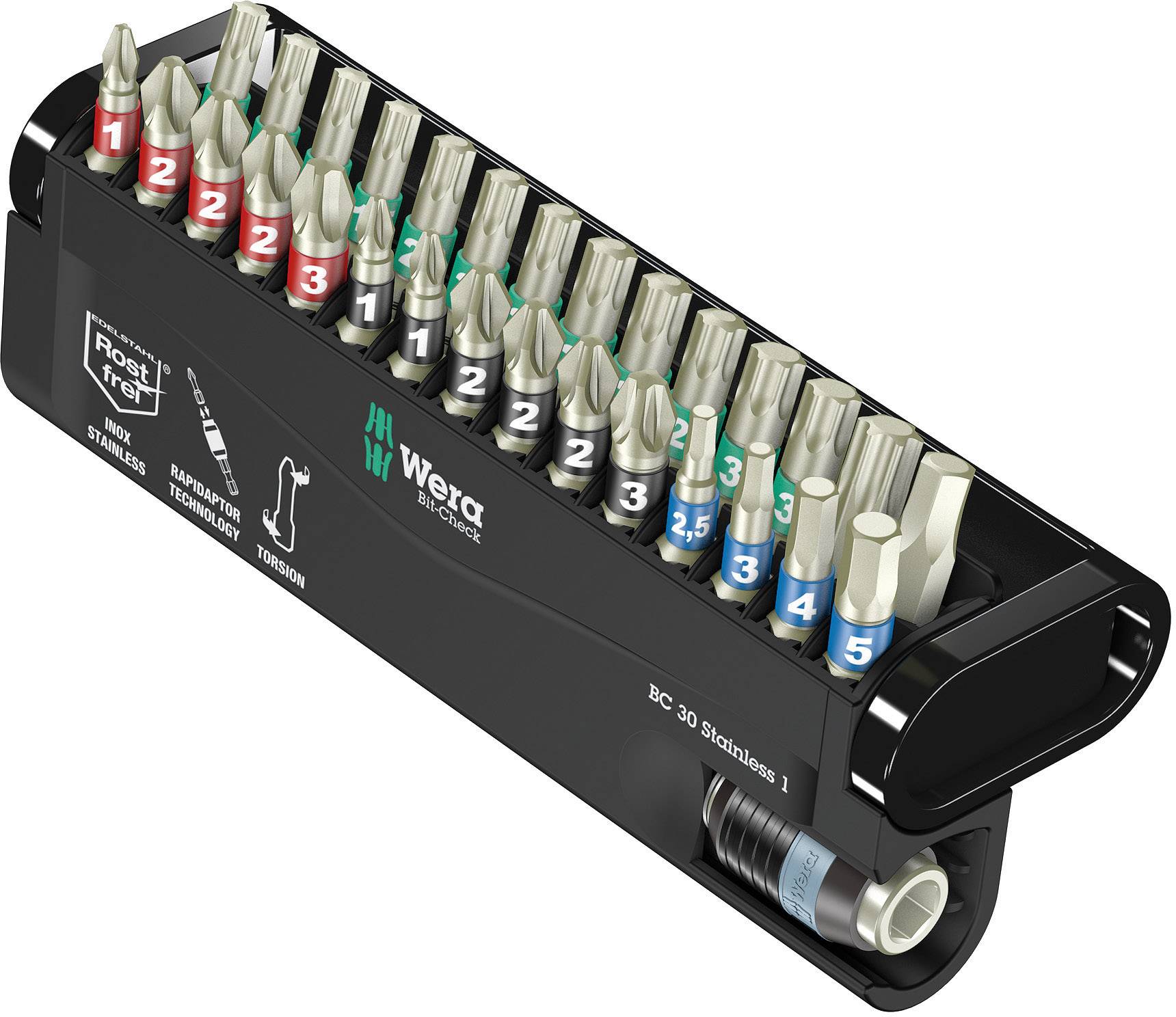 Set of various screwdriver bits in a holder. Bits are colour-coded and numbered from 1 to 5. Different sizes and types.