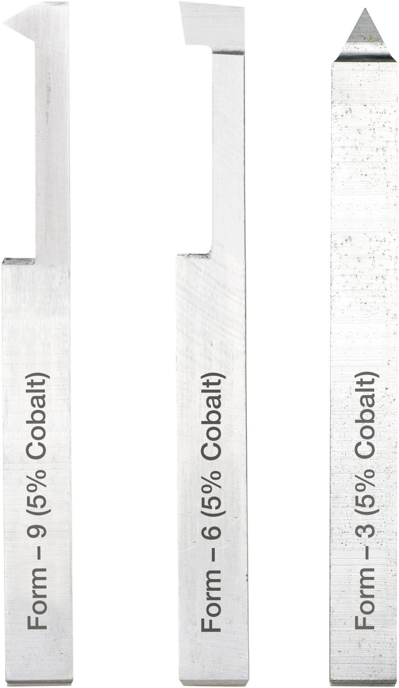 Three turning tools made of 5% cobalt steel with shapes 9, 6 and 3, which demonstrate different cutting point profiles.