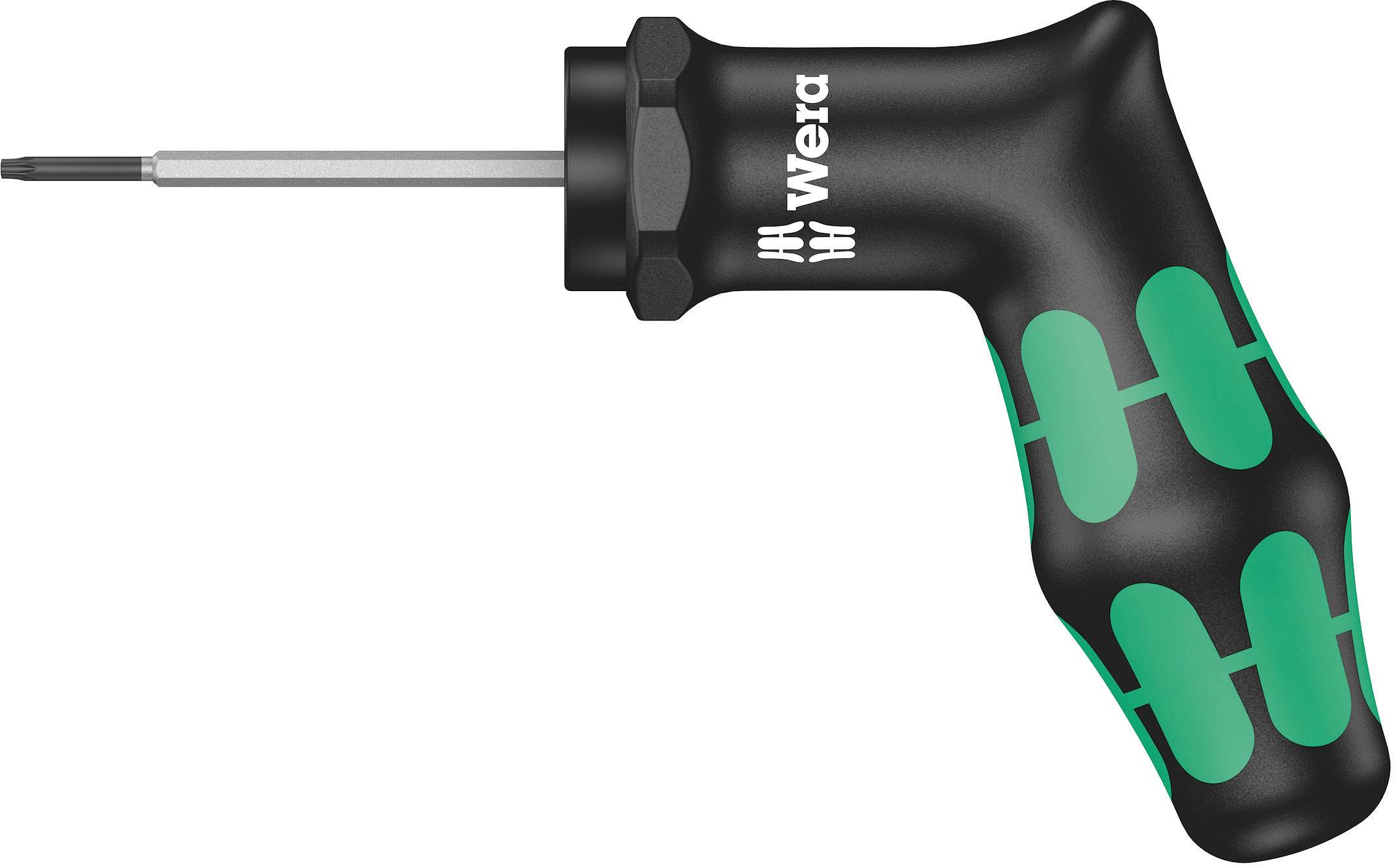 An L-shaped screwdriver with an ergonomic handle in black and green. Suitable for precise and powerful screwing.