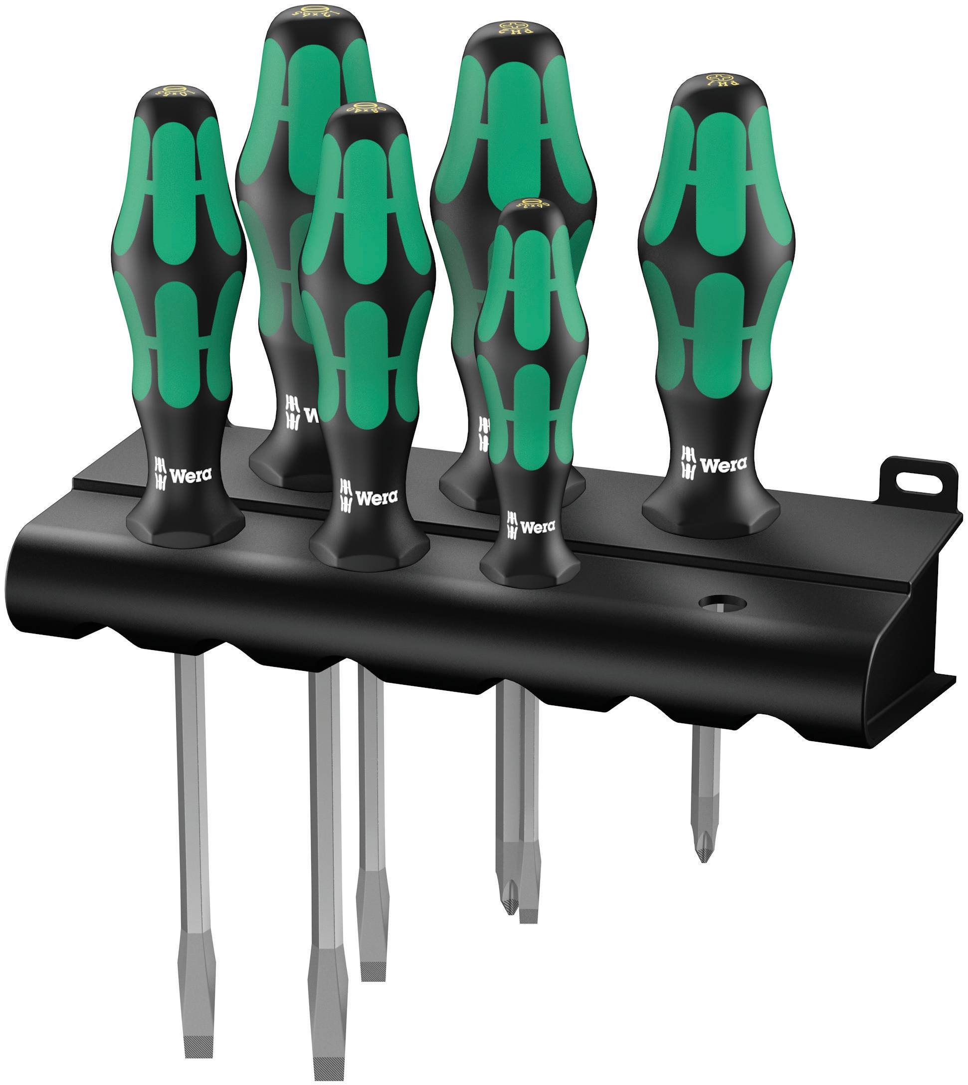 Set of six screwdrivers in a stand, with ergonomic handles in black and green, by the brand Wera