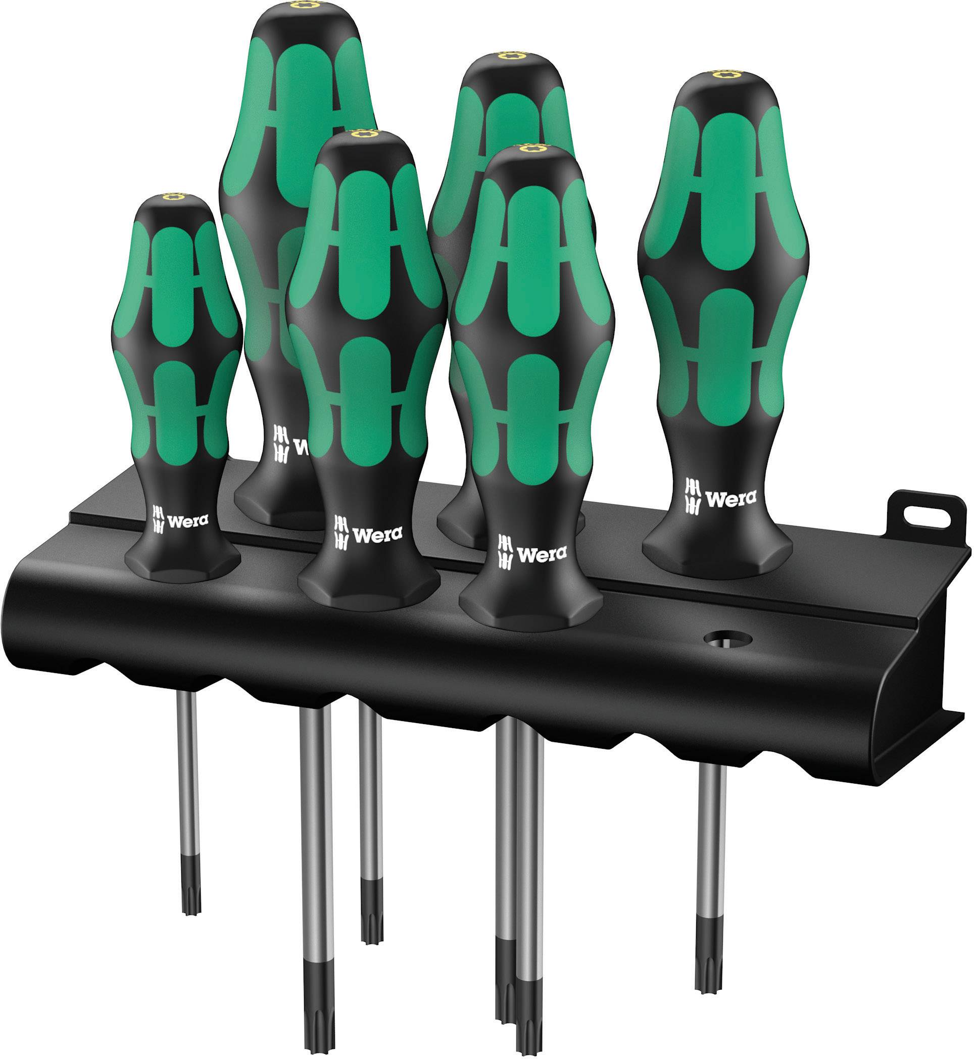 Six-piece Wera screwdriver set with black and green handles, mounted on a black wall bracket.