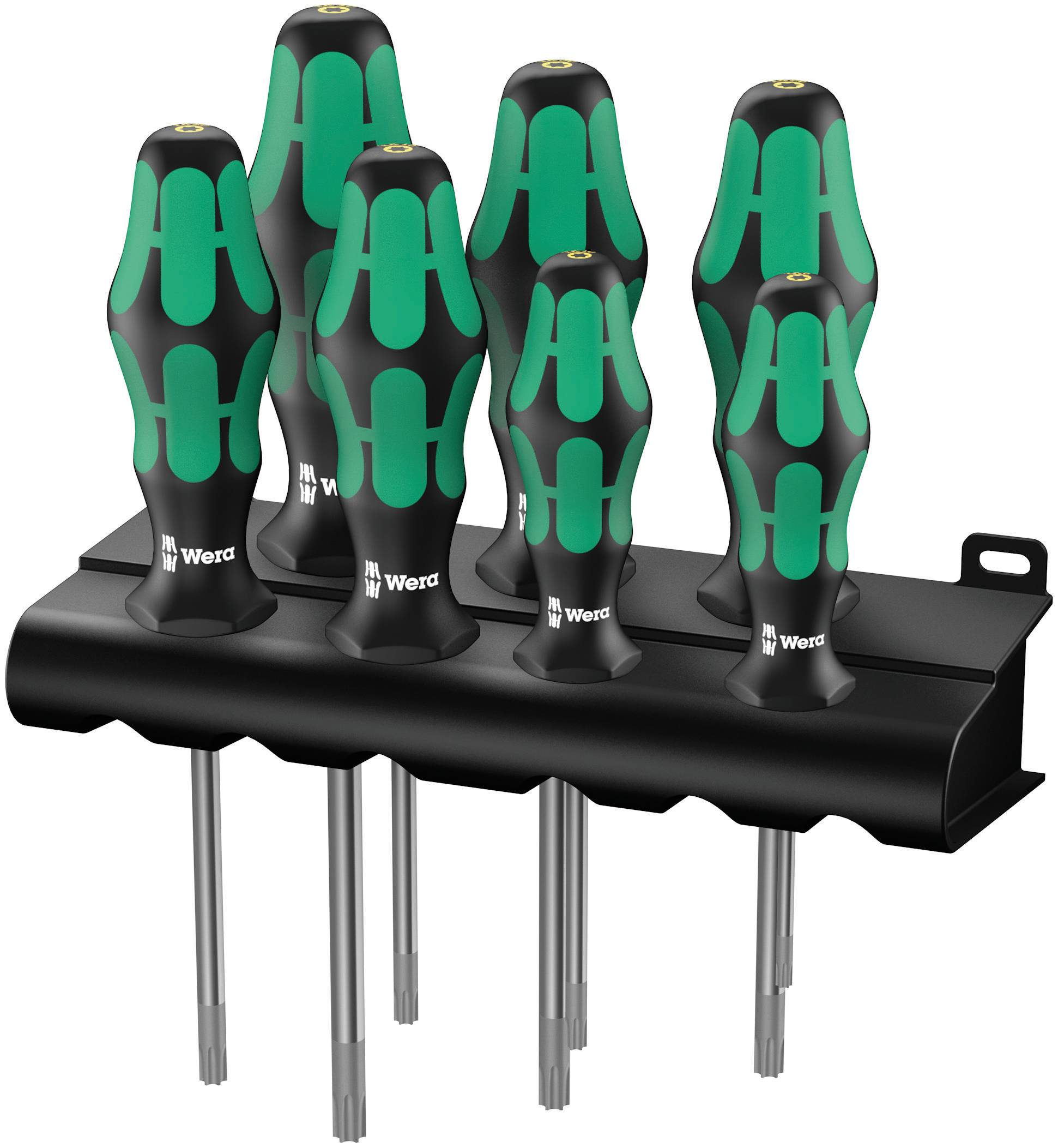 Six-piece set of screwdrivers in a holder, with ergonomic handles, Wera brand, green and black design, suitable for precision work.