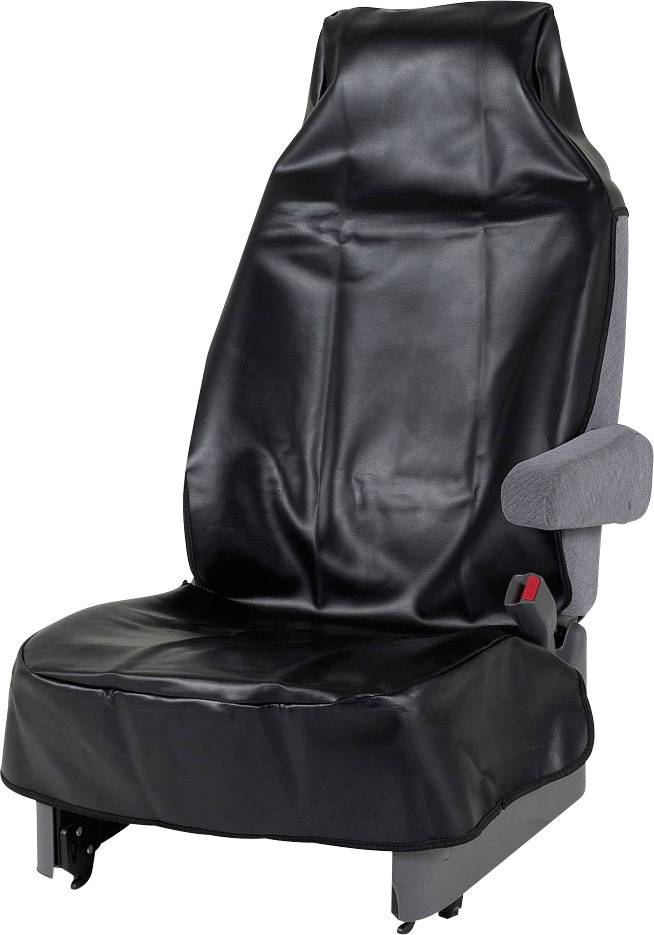 A black leather car seat cover is draped over a car seat. The cover protects the seat from wear and dirt.