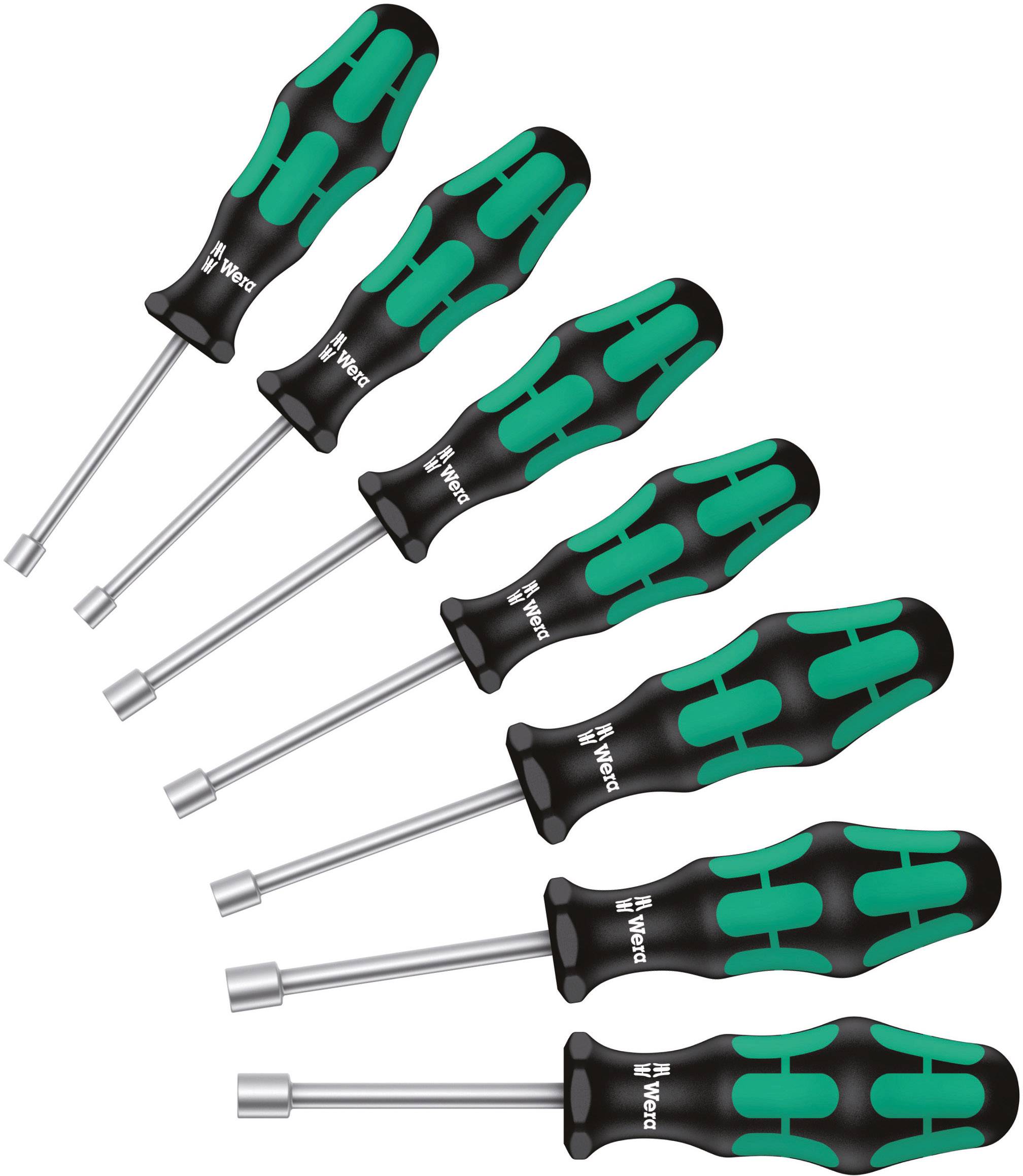 Six screwdrivers with black handles and green accents, arranged in ascending size from left to right.