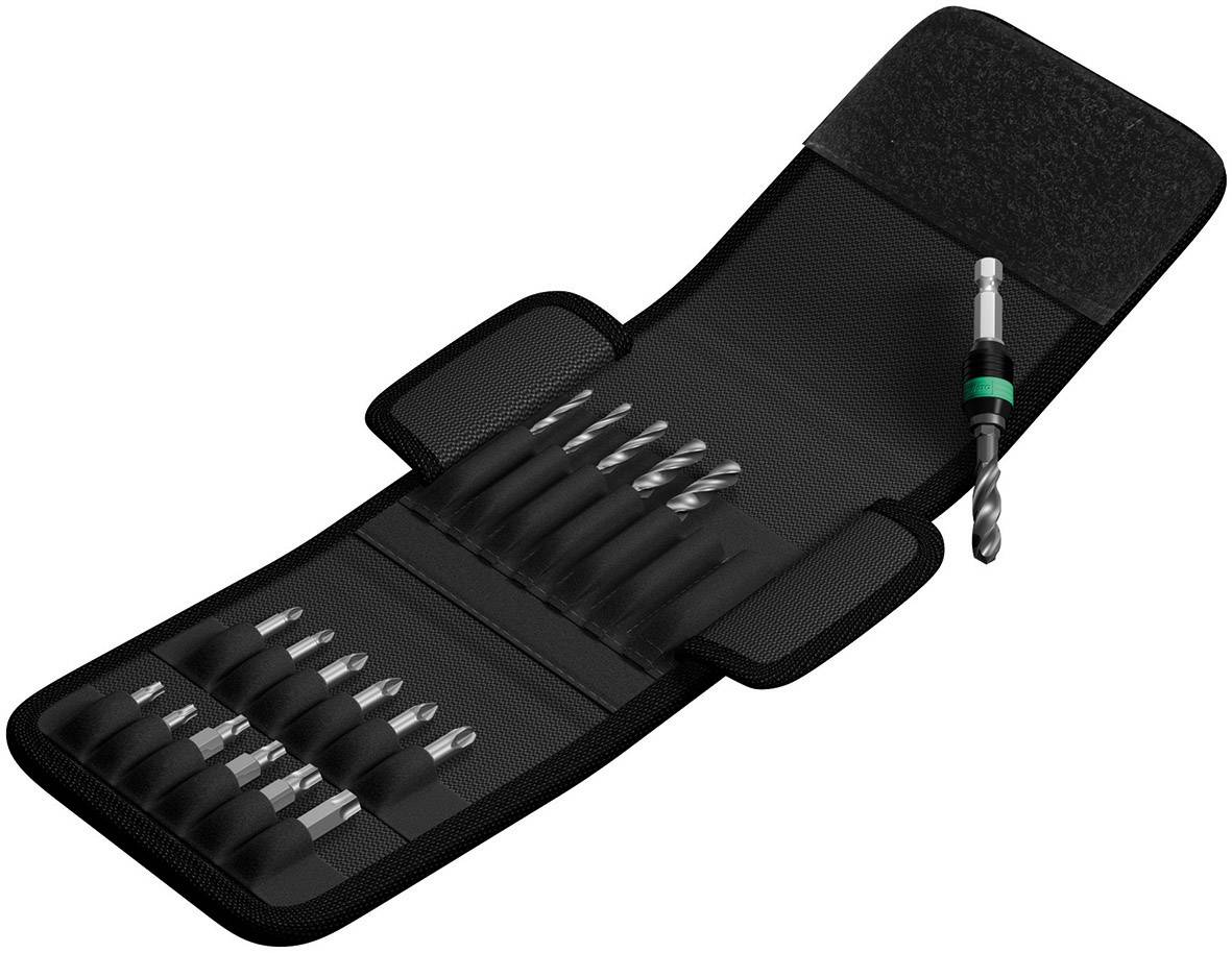 Drill bit set in a foldable black case with multiple sizes of metal drill bits. One drill bit is separately placed on top.