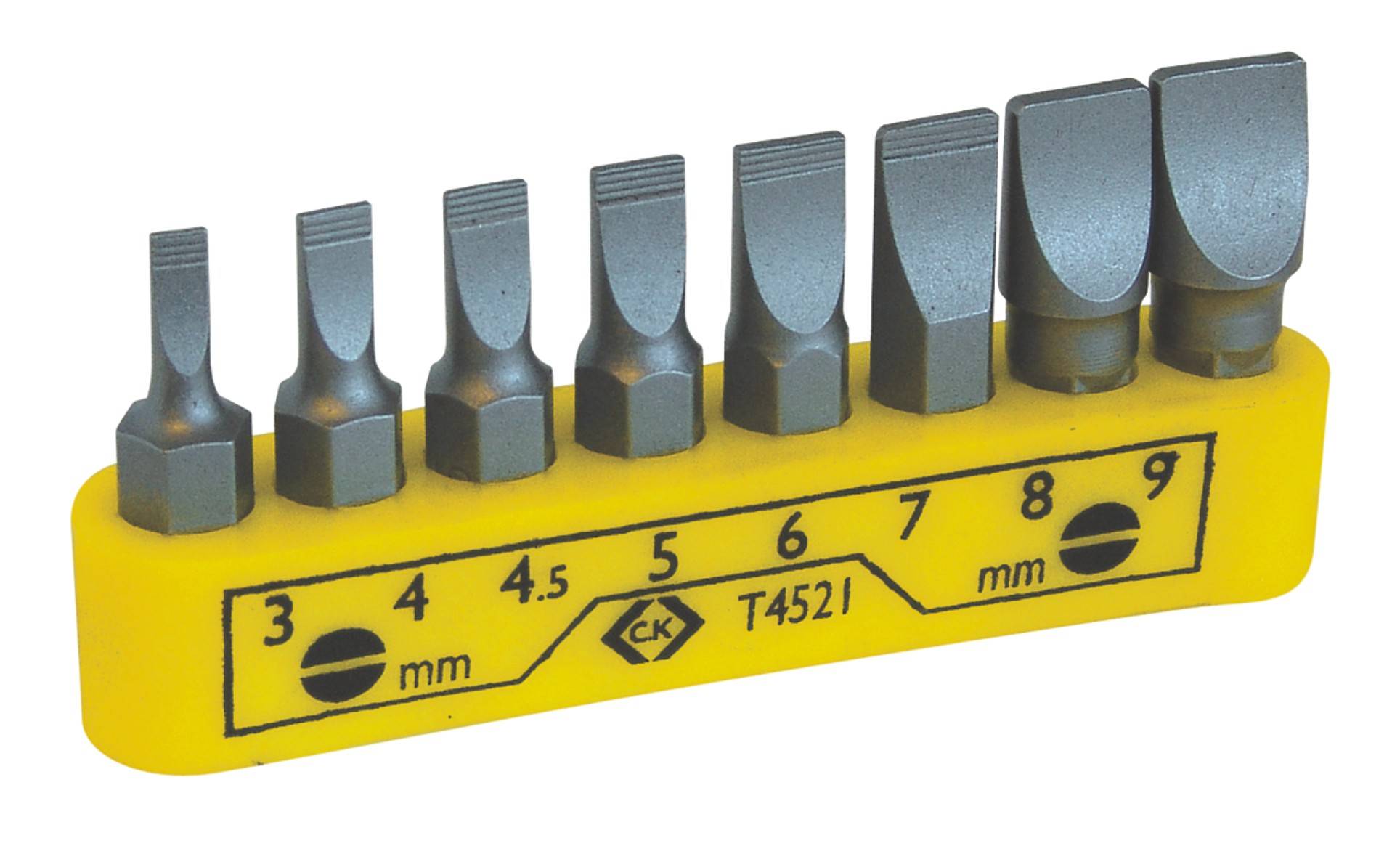 Set of nine screwdriver bits in various sizes, arranged on a yellow holder, labelled with sizes from 3 to 9 mm.