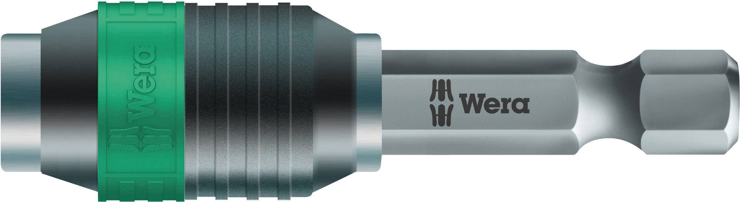 Wera screwdriver bit adapter in black with a green ring, suitable for securing bits during assembly or repair work.