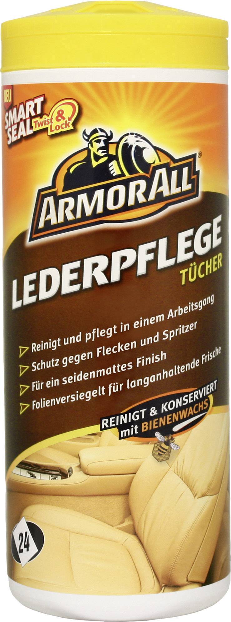 Armor All Leather Care Wipes Tin for treating and cleaning leather. Protects against stains, contains beeswax. Contains 24 wipes.