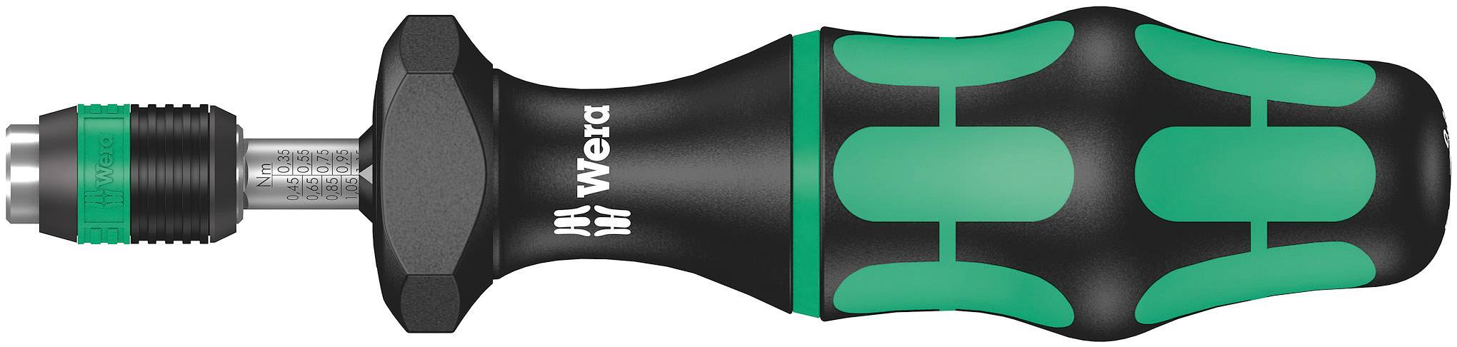 A screwdriver with an ergonomic handle in black and green. The handle is marked with the word 'Wera'.