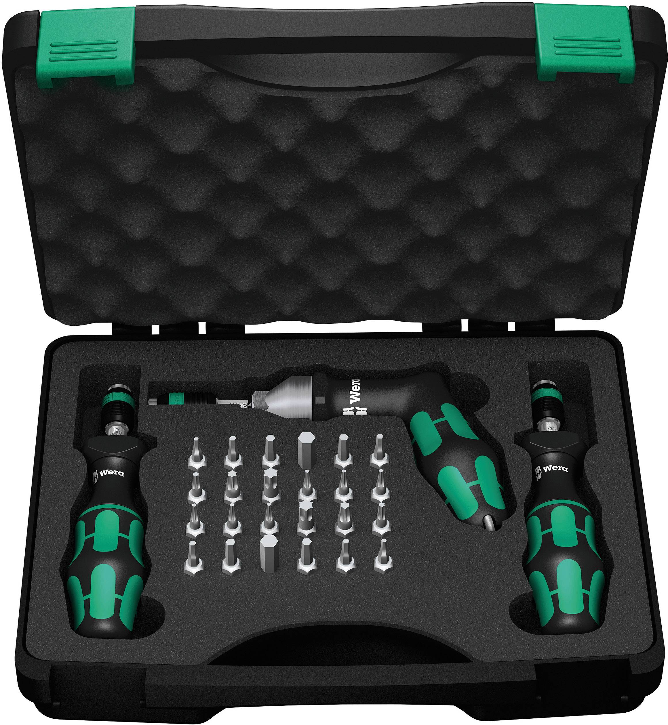 Tool kit with three screwdrivers and 20 bits in a black foam insert.