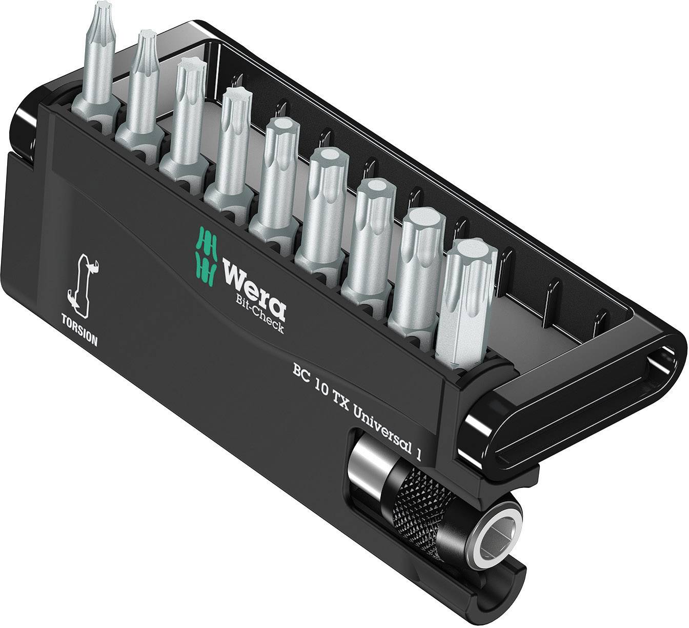 A set of ten silver Torx bits in a black holder by Wera. The holder displays a torsion symbol.
