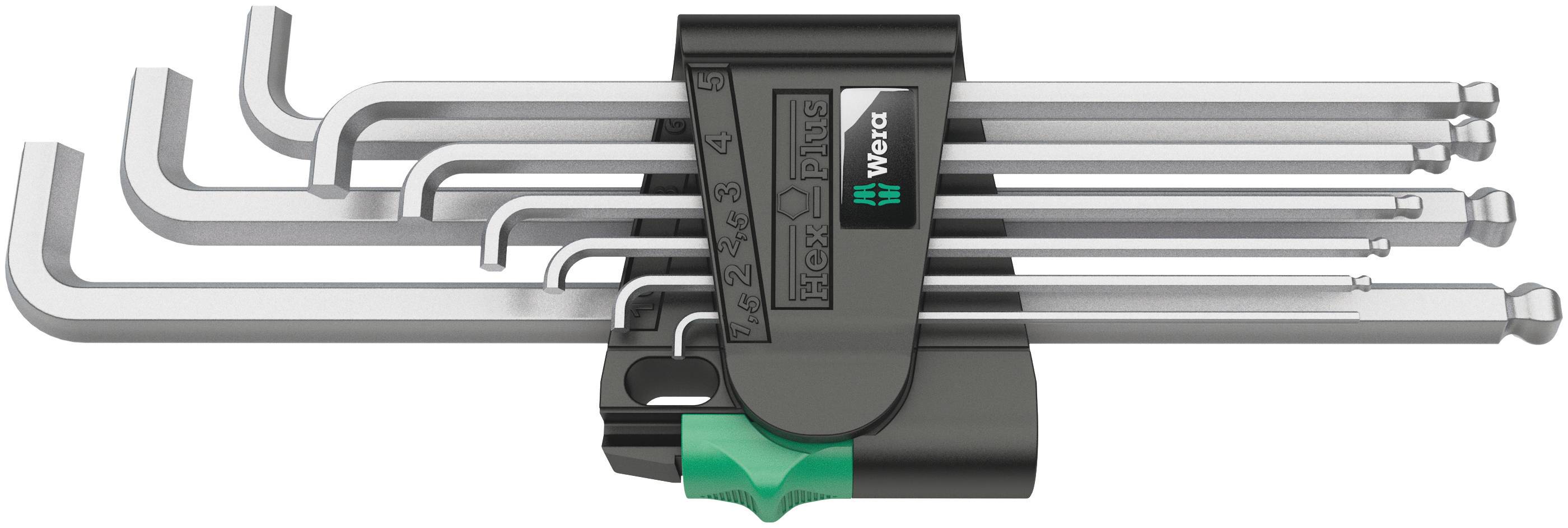 A set of eight silver Allen keys in various sizes, stored in a black holder with green elements.