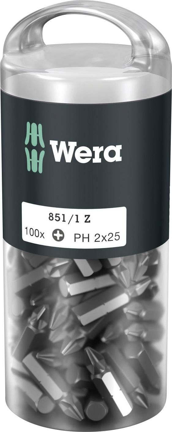 Wera plastic tube containing 100 cross-head screwdriver bits (PH 2x25) for screwdriver use, with black label featuring logo.