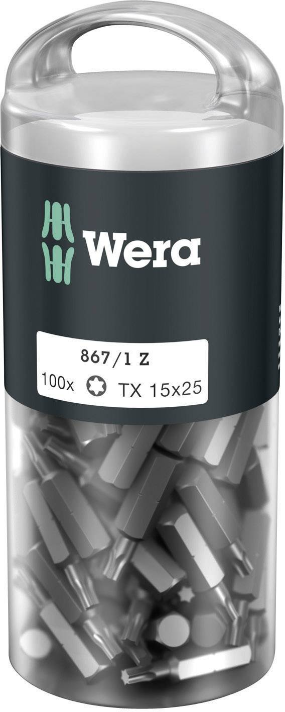 Transparent plastic packaging containing 100 Wera brand bit inserts, Model 867/1 Z, size TX 15x25.