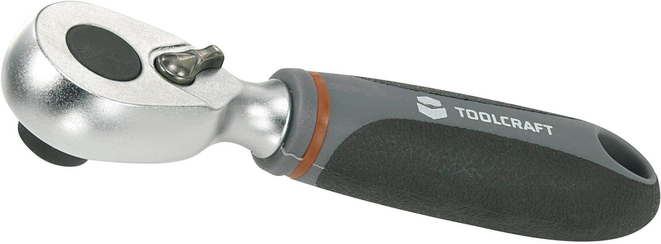 Hand ratchet with ergonomic grip, silver head and black rubber handle with 'TOOLCRAFT' logo, for mechanical work.