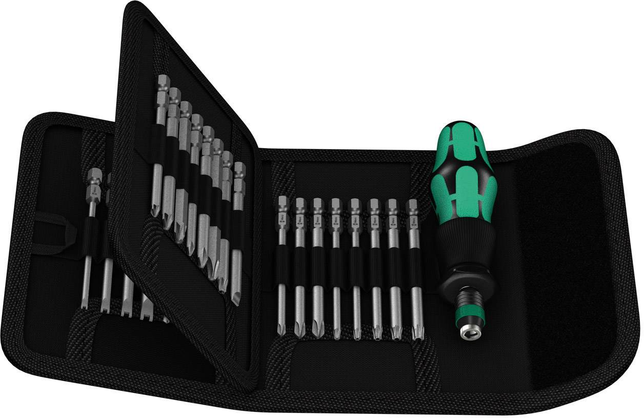 Set of screwdriver bits in a fold-out case with an ergonomic handle. Suitable for versatile repair work.