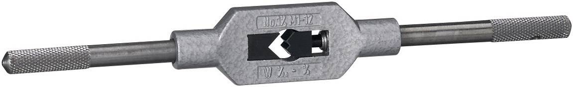 A adjustable metal thread cutting holder with two knurled handles for secure handling during thread cutting.