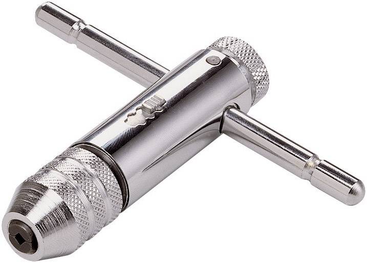 A silver-coloured hand tap with a T-handle, used for cutting threads in materials such as metal or plastic.