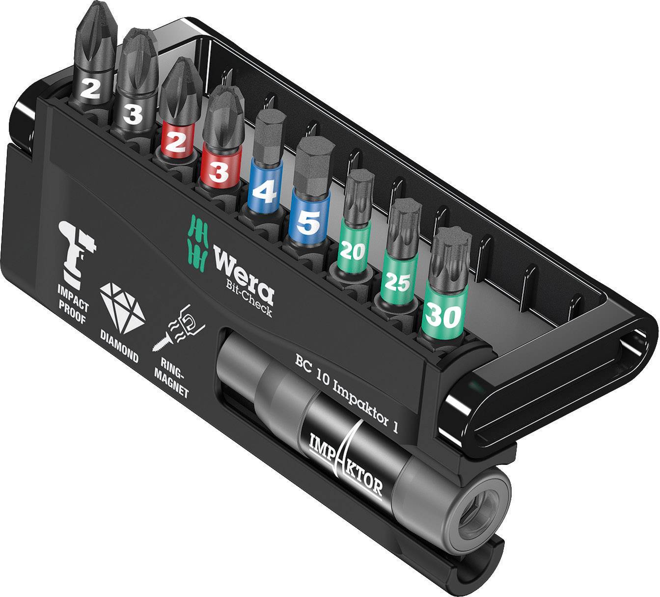'Wera Bit-Check' Tool Set with ten bits in various sizes and colours. Markings show Impaktor technology and magnetic holder.