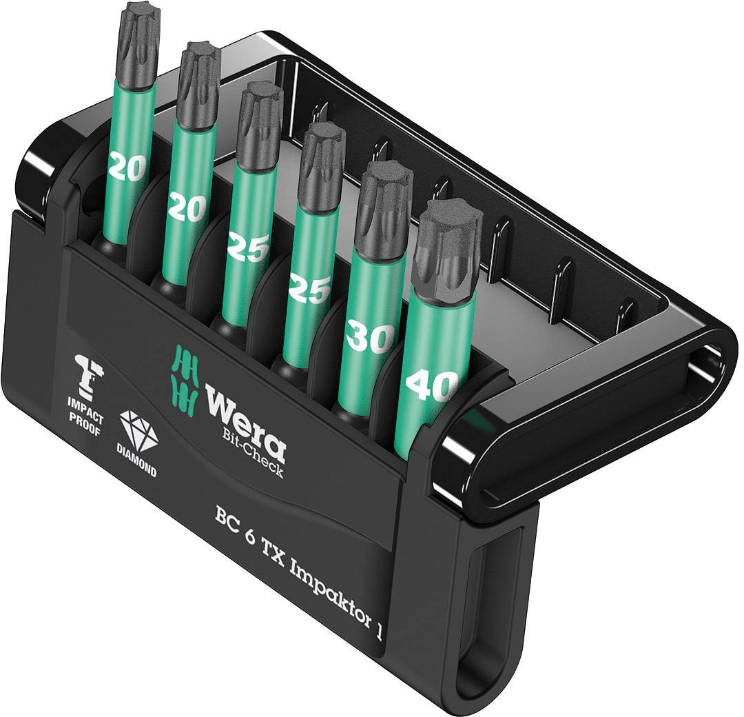 A Wera bit set shows six green Torx bits in sizes 20, 25, 30, 40. The holder is black and labelled with 'Impact Proof' and 'Diamond'.